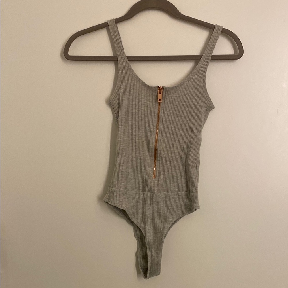 Gray Ribbed Bodysuit with Scoop Neckline